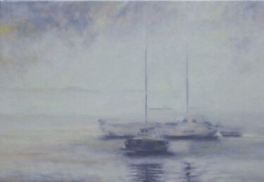 Painting titled "Au port 1" by Nicole Serres, Original Artwork, Oil Mounted on Wood Stretcher frame