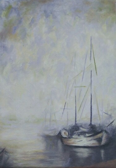 Painting titled "Au port 2" by Nicole Serres, Original Artwork, Oil Mounted on Wood Stretcher frame