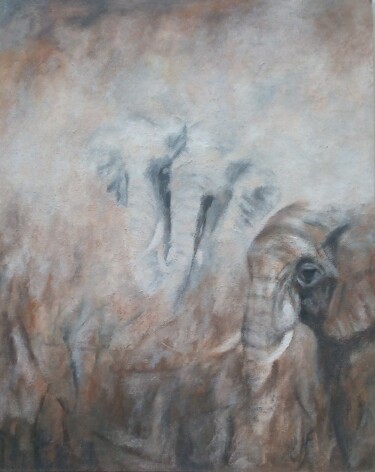 Painting titled "Eléphants" by Nicole Serres, Original Artwork, Oil