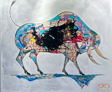 Ζωγραφική με τίτλο "Bull Blau" από Nicoleta Albei-Wigger, Αυθεντικά έργα τέχνης, Ακρυλικό Τοποθετήθηκε στο Ξύλινο φορείο σκε…