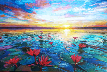 Painting titled "Water lilies in the…" by Nicoleta Nica, Original Artwork, Oil Mounted on Wood Stretcher frame