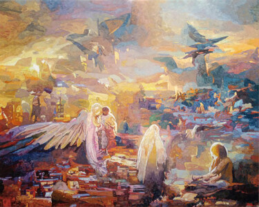 Painting titled "The Angels' Prayer" by Nicoleta Nica, Original Artwork, Oil Mounted on Wood Stretcher frame