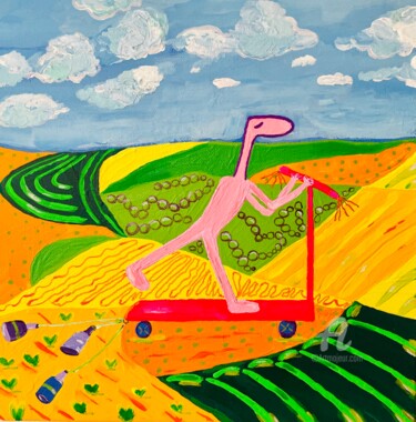 Malerei mit dem Titel "Pinko with Scooter" von Nida Acun, Original-Kunstwerk, Acryl Auf Holzplatte montiert