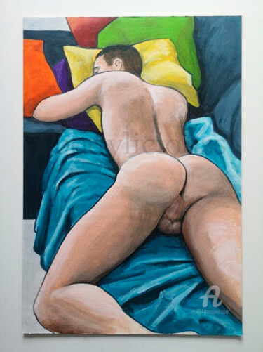 Painting titled "Joven desnudo durmi…" by Nidiaz, Original Artwork, Acrylic Mounted on Wood Panel