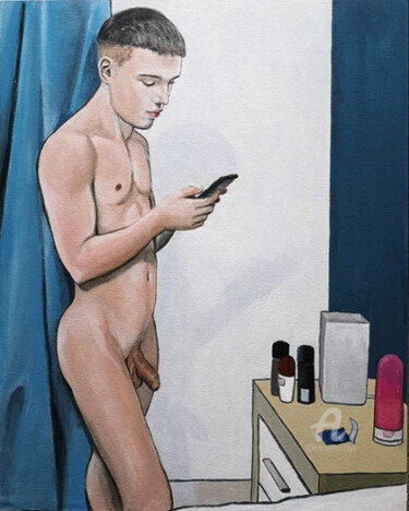 Painting titled "Joven desnudo en el…" by Nidiaz, Original Artwork, Acrylic Mounted on Wood Panel