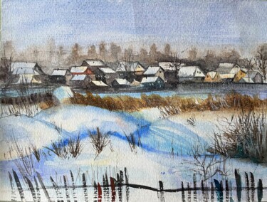 Painting titled "Snow in Town" by Nihal Özdemir Köse, Original Artwork, Watercolor