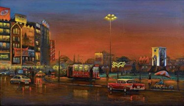 Painting titled "Taksim'de Işıklar" by Nihat Evren Derman, Original Artwork, Oil