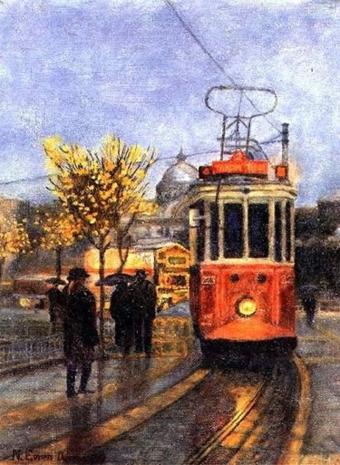 Painting titled "TAKSİM'DE KAR" by Nihat Evren Derman, Original Artwork, Oil