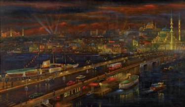 Painting titled "GALATA BRIDGE" by Nihat Evren Derman, Original Artwork, Oil