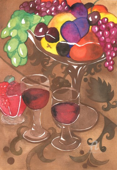 Painting titled "Red Wine and Fruits" by Niina Niskanen, Original Artwork, Watercolor