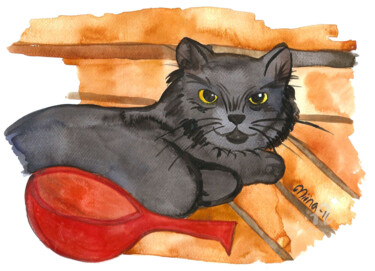 Картина под названием "Cat in the sauna" - Niina Niskanen, Подлинное произведение искусства, Акварель