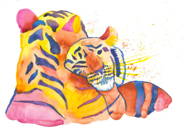 Painting titled "Cuddling Tigers" by Niina Niskanen, Original Artwork, Watercolor