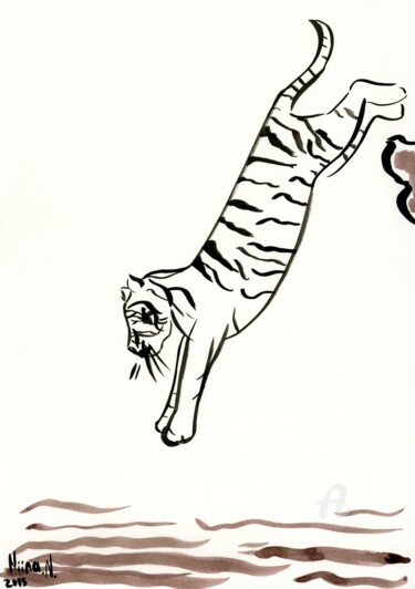 Ζωγραφική με τίτλο "Jumping Tiger" από Niina Niskanen, Αυθεντικά έργα τέχνης, Ακουαρέλα