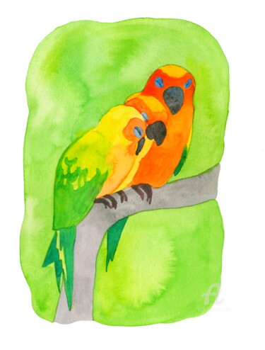 Painting titled "Three Parrots" by Niina Niskanen, Original Artwork, Watercolor