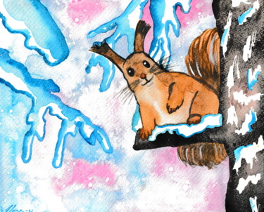 Painting titled "Winter Squirrel" by Niina Niskanen, Original Artwork, Watercolor