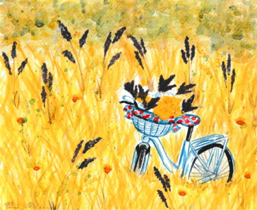 Painting titled "Bicycle in the field" by Niina Niskanen, Original Artwork, Watercolor