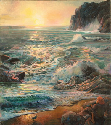 Painting titled "Watching the ocean" by Sergey Lesnikov, Original Artwork, Oil