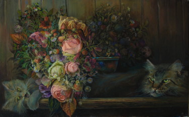 Painting titled "Flower still life" by Sergey Lesnikov, Original Artwork, Oil