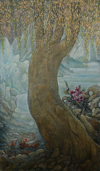 Painting titled "Golden willow" by Sergey Lesnikov, Original Artwork, Oil