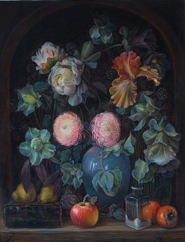 Malarstwo zatytułowany „Flowers and fruits” autorstwa Sergey Lesnikov, Oryginalna praca, Olej