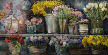 Painting titled "Flower shop" by Sergey Lesnikov, Original Artwork, Oil