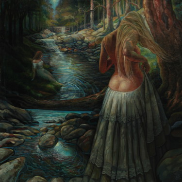 Pintura intitulada "By the stream" por Sergey Lesnikov, Obras de arte originais, Óleo