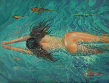 Painting titled "Swimming" by Sergey Lesnikov, Original Artwork, Oil