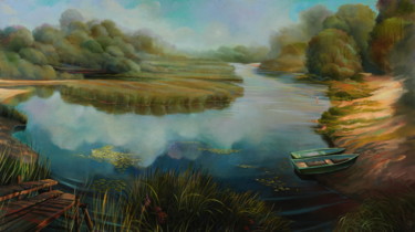 Painting titled "Riverside" by Sergey Lesnikov, Original Artwork, Oil
