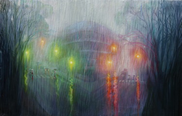 Painting titled "Driving rain" by Sergey Lesnikov, Original Artwork, Oil