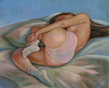 Painting titled "Sleeping girl" by Sergey Lesnikov, Original Artwork, Oil