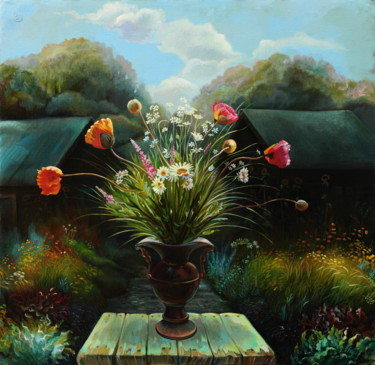 Painting titled "Summer flowers" by Sergey Lesnikov, Original Artwork, Oil