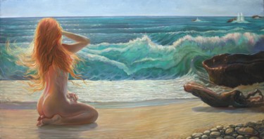 Painting titled "By the ocean" by Sergey Lesnikov, Original Artwork, Oil