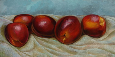 Painting titled "Nectarines" by Sergey Lesnikov, Original Artwork, Oil