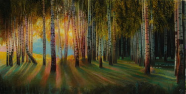 Painting titled "Birch Grove" by Sergey Lesnikov, Original Artwork, Oil