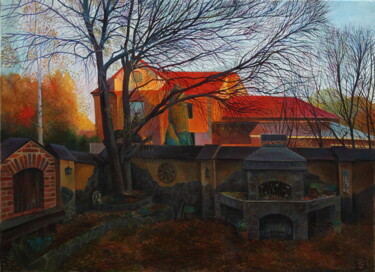 Painting titled "Autumn sunset" by Sergey Lesnikov, Original Artwork, Oil