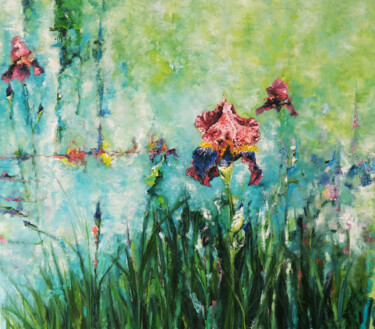 Painting titled "Spring, irises by w…" by Nika Mayer, Original Artwork, Oil Mounted on Wood Stretcher frame
