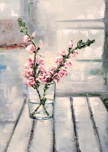 Painting titled "Pink flowers in a g…" by Nika Mayer, Original Artwork, Oil Mounted on Wood Stretcher frame
