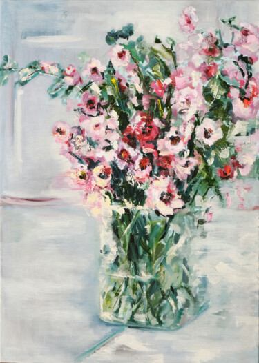 Картина под названием "Flowers in a glass…" - Nika Mayer, Подлинное произведение искусства, Масло Установлен на Деревянная р…