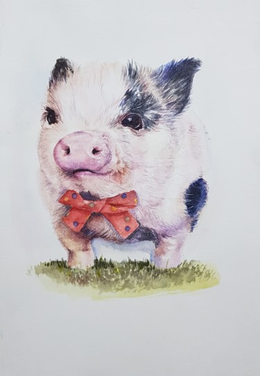 Painting titled "Little piggy" by Veronika Simakhina, Original Artwork, Watercolor