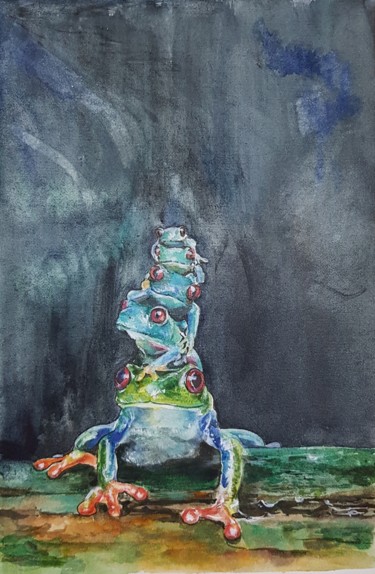 Painting titled "The Frog Family" by Veronika Simakhina, Original Artwork, Watercolor