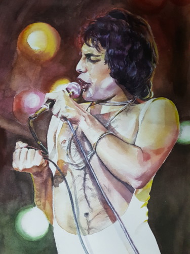 Painting titled "Freddie Mercury" by Veronika Simakhina, Original Artwork, Watercolor