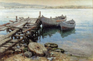 Painting titled "Sozopol Fishing Boa…" by Nikolo Balkanski, Original Artwork, Oil