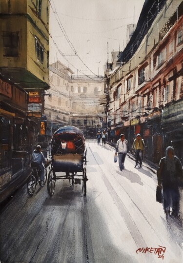 Schilderij getiteld "Street Mood" door Niketan Bhalerao, Origineel Kunstwerk, Aquarel