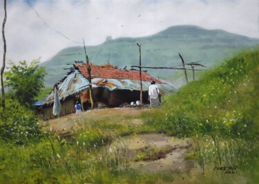 Malerei mit dem Titel "The House On The Hi…" von Niketan Bhalerao, Original-Kunstwerk, Acryl