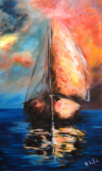 Painting titled "Boat on fire" by Niki Katiki, Original Artwork, Acrylic