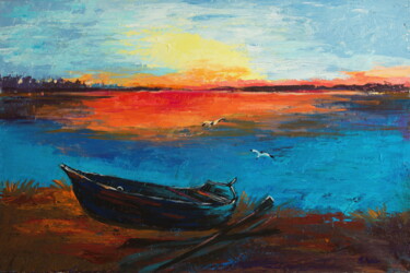 Картина под названием "Одинокая лодка на з…" - Nikita Chaikovskiy, Подлинное произведение искусства, Акрил Установлен на Дер…