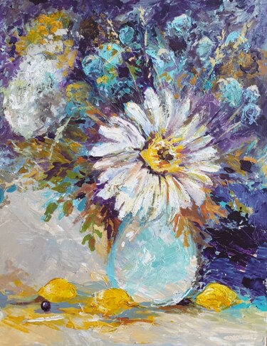 Pintura titulada ""Цветы и лимоны"" por Nikita Chaikovskiy, Obra de arte original, Acrílico Montado en Panel de madera