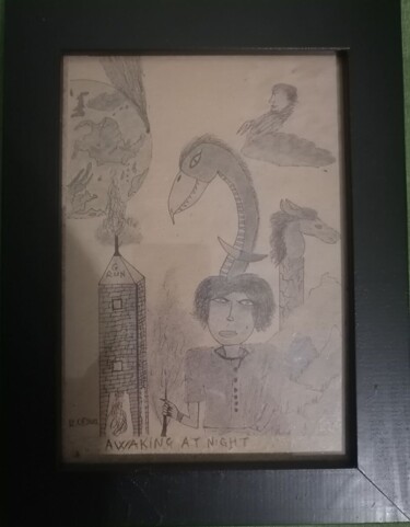 Drawing titled "Awaking at night" by Nikita Semyonov, Original Artwork, Gel pen Mounted on Wood Stretcher frame
