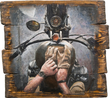 Malarstwo zatytułowany „Biker's View Garage…” autorstwa Nikita Van Chagov, Oryginalna praca, Olej