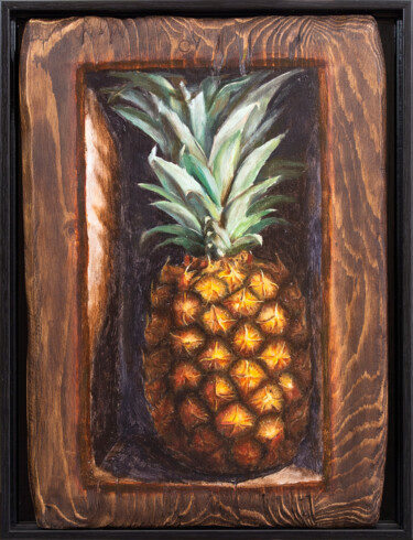 Painting titled "Pineapple on wood b…" by Nikita Van Chagov, Original Artwork, Oil